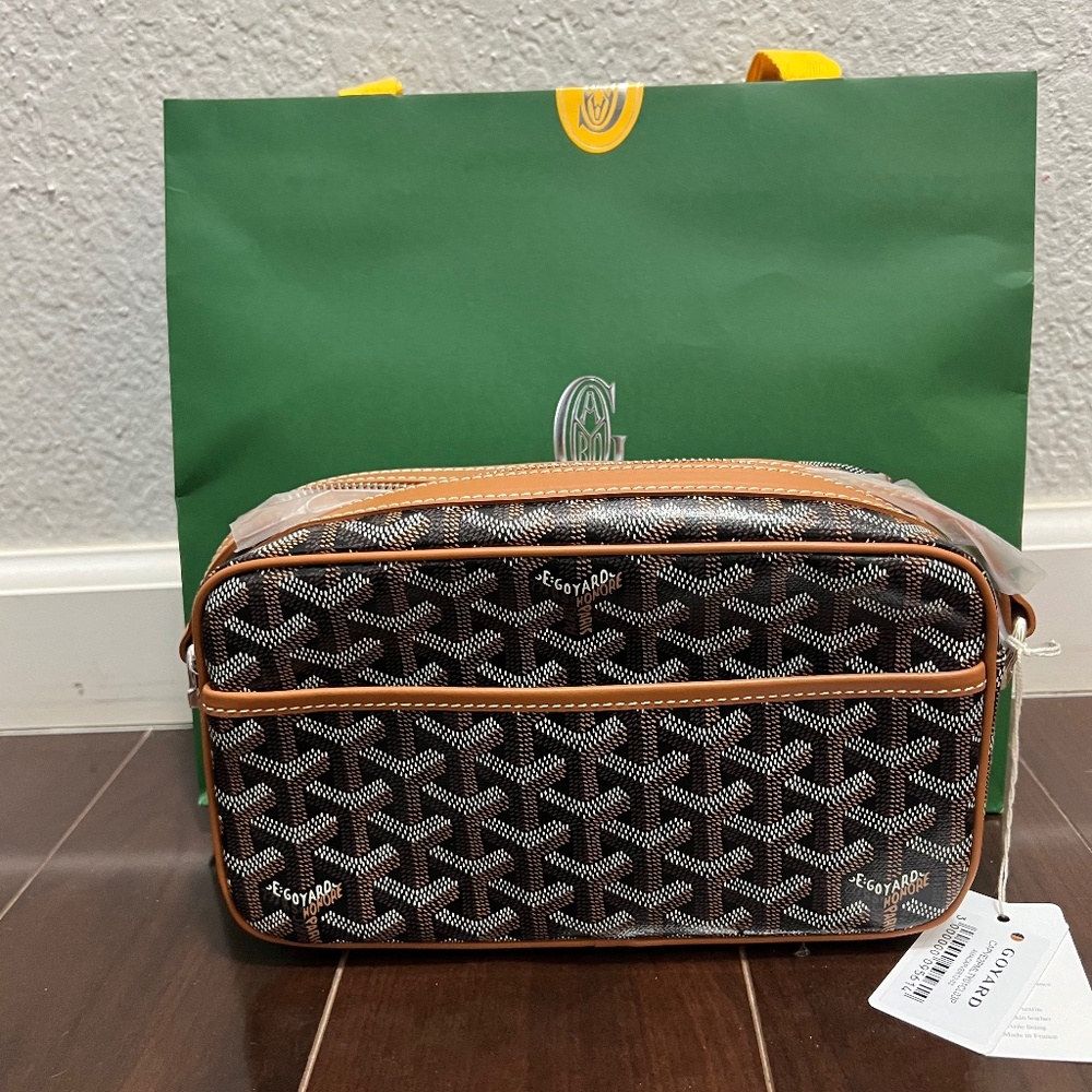 GOYARD Black Goyardine Canvas and Tan Chevroches Calfskin Cap-Vert PM Bag
